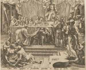 Bel papjai esznek és isznak a templomban [4. lap], Dániel pedig eteti a sárkányt [7. lap] – a „Dániel, Bel és a sárkány története” című sorozat 4. és 7. lapja alkotó: Philips Galle