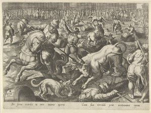 Stierengevecht Jachttaferelen (sorozat címe) Amelyben mindenféle vadászat, madártartás és horgászat (sorozat címe) alkotó: Philips Galle