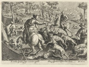 A Wolvenjacht reményt adott Jachttaferelen (sorozat címe) Amelyben mindenféle vadászat, madártartás és horgászat (sorozat címe) alkotó: Philips Galle