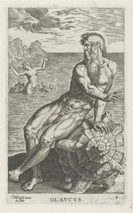 Zeegod Glaucus Glavcvs (cím az objektumon) Rivier- en zeegoden (sorozat címe) Elegáns portrék a tengeri félistenekről és az Amnicus-fókákról (sorozat címe) alkotó: Philips Galle