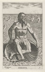 Zeegod Nereus Nerevs (cím az objektumon) Rivier- en zeegoden (sorozat címe) Elegáns portrék a tengeri félistenekről és az Amnicus-fókákról (sorozat címe) alkotó: Philips Galle