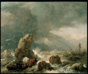 Viharos tenger három bajba jutott hajóval alkotó: Philips Wouwerman