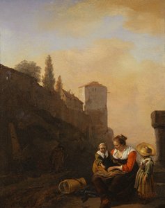 Egy paraszt és két gyerek pihen egy torony előtt Olaszországban (olaj, vászon) alkotó: Philips Wouwermans or Wouvermans