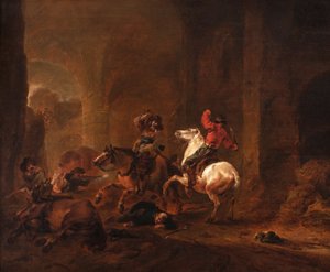 Utazókra lesben álló banditák egy ösvényen romok között, 1635-50 körül (olaj a táblán)