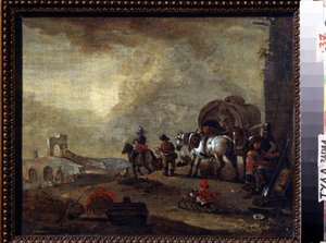 Utazók az úton. Philips Wouwerman (1619-1668) festménye. Olaj, vászon, 33,5 x 41,5 cm. Flamand művészet, barokk stílus. Állami Művészeti Múzeum, Tula (vagy Tolan), Oroszország.