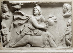 A föníciai civilizáció: az isteni Mithrát (Mythra vagy Mithra) ábrázoló áldozási jelenet feláldozta a bikát. Kr.u. 2. vagy 3. század. Márvány domborműves harisnya. Párizs, Louvre Múzeum