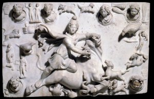 Keleti régiségek: Mithra megöli a bikát (a szidoni Mithraeumból származik). Alacsony domborműves márvány Sayda-ból, 2-3. század (görög-római korszak, Föníciai Királyság). Párizs, Louvre Múzeum