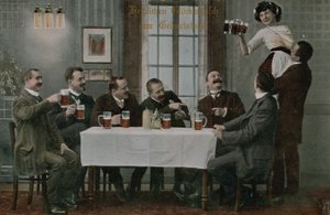Képeslap németekről, akik sört isznak és a pincérnővel szórakoznak, 1913-ban küldték (kézzel színezett fénykép) alkotó: Photographer German