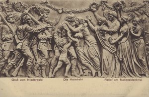 Hazatérés, dombormű a Nationaldenkmalon, Németország egyesülésének emlékműve, Rudesheim am Rhein, Hesse (f/w fotó) alkotó: Photographer German