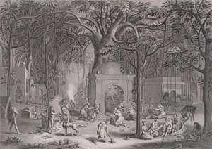 Babonás szertartásaikat gyakorló hindu fakírok, Bell metszete, a World Religionból, kiadó: A. Fullarton & Co. alkotó: Picart