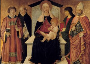 A Szűz és a Gyermek A Szűzanyát Saint Laurent diakónus, Szent Péter, Szent János, Saint Blaise de Sebaste veszi körül. Pier Francesco Fiorentino oltárképe (aktív 1475-1500 körül) 1490. V. 132x143 m. Avignon, Musee du Petro Palais