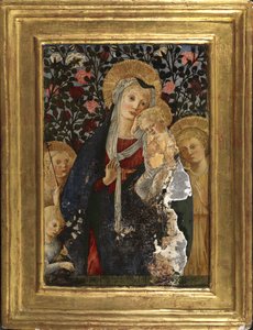 Szűz és gyermek a csecsemő Szent Jánossal, Szent Erzsébet és egy gyermek liliomos vázával, 1450-59