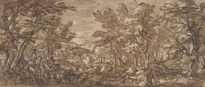 Erdei jelenet, megállás balra, vadászat középen, 1612-66. alkotó: Pier Francesco Mola