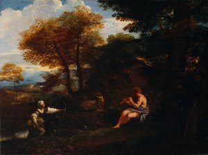 "Táj pásztorral és pásztorlánnyal", 17. század alkotó: Pier Francesco Mola