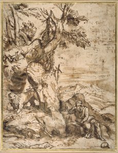 Szent Jeromos olvas a vadonban, Tizianus után (kb. 1488-1576) (nádtoll és barna tinta barna mosással, krémszínű papíron)