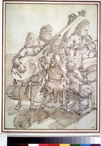 ""A koncert"" Karikatúra, amely öt zenész (kvintett) koncertjét ábrázolja lanton, hegedűn, zongorán és csellón. Pier Leone Ghezzi (1674-1755) toll- és tusrajza 18. századi Puskin Múzeum, Moszkva