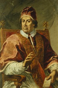 XI. Kelemen pápa portréja, félhosszában ül, pápai ruhát visel, kezében egy levél, alkotó: Pier Leone Ghezzi