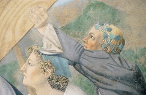 Részlet Piero della Francesca Az igaz kereszt legendájából, amely a szent fa szállítását ábrázolja. alkotó: Piero della Francesca