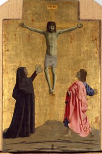 Misericorde-i poliptikus: Misericorde-i Szűzanya, szentekkel körülvéve. A keresztre feszítést ábrázoló részlet „INRI” felirattal a kereszten Piero della Francesca fafestménye (1415/20-1492) 1445-1460 Dim. 81x52,5 cm Sansepolcro, Pinacoteca C alkotó: Piero della Francesca