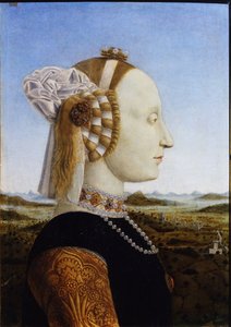 Battista Sforza portréja Federico da Montefeltro és felesége, Urbino hercege és hercegné páros portréiból, 1472 alkotó: Piero della Francesca
