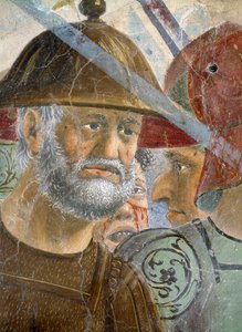 Az igaz kereszt legendája, a Hérakleiosz és Chosroes csatája, egy szakállas katona részlete, elkészült 1464-es freskó alkotó: Piero della Francesca