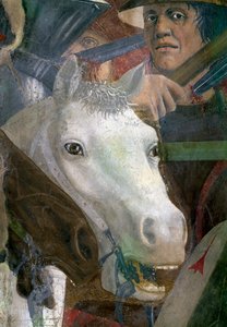 Az igaz kereszt legendája, a Hérakleiosz és Chosroes csatája, egy ló és egy katona részlete, elkészült 1464-es freskó