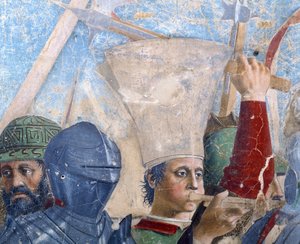 Az igaz kereszt legendája, Hérakleiosz és Chosroes csatája, egy trombitás részlete, elkészült 1464-es freskó alkotó: Piero della Francesca