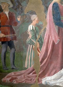 Az igaz kereszt legendája, Sába királynője, aki a keresztfát imádja, egy kísérő részlete, elkészült 1464-es freskó alkotó: Piero della Francesca