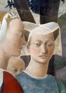 Az igaz kereszt legendája, Sába királynője, aki a keresztfát imádja, részlet a királynőről és egy kísérőről, elkészült 1464-es freskó alkotó: Piero della Francesca
