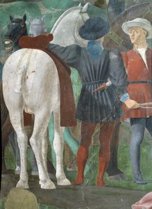 Az igaz kereszt legendája, Salamon király Sába királynőjének fogadása, két lovas részlete, elkészült 1464-es freskó