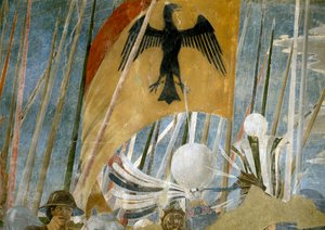Az igaz kereszt legendája, Konstantin győzelme a Milvian-hídi csatában, zászlórészlet, elkészült 1464-es freskó alkotó: Piero della Francesca
