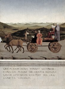 Battista Sforza, Urbino hercegnő diadala. Battistát és szolgálólányát, két teológiai erényt és egy apácát két barna egyszarvú vonzza diadalmas autóba 1472 után (tempera a panelen) (részletek alkotó: Piero della Francesca