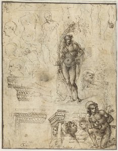 Tanulmánylap fejekkel, ábrákkal és építészeti töredékekkel Tanulmánylap fejekkel, figurákkal és építészeti töredékekkel alkotó: Piero di Cosimo (attributed to)