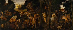 Egy vadászjelenet, 1494-1500 körül (tempera és olaj átkerült a Masonite-ba) alkotó: Piero di Cosimo