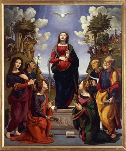 Szeplőtelen fogantatás szentekkel körülvéve, 1500-2005 körül (tempera grassa fán) alkotó: Piero di Cosimo