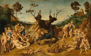 Olasz: Silenos története, jelenet: Silenus szerencsétlenségei alkotó: Piero di Cosimo