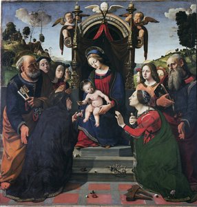 Szűz és gyermek a trónon szentekkel körülvéve (olaj és tempera a táblán, 1493 körül) alkotó: Piero di Cosimo