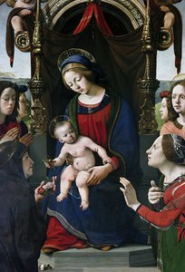 Szűz és gyermek a trónon szentekkel körülvéve, részlet (olaj és tempera a táblán, 1493 körül) alkotó: Piero di Cosimo