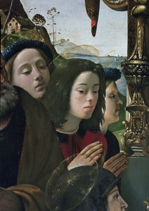Szűz és gyermek a trónon szentekkel körülvéve, részlet (olaj és tempera a táblán, 1493 körül) alkotó: Piero di Cosimo