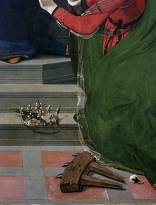 Szűz és gyermek a trónon szentekkel körülvéve, részlet (olaj és tempera a táblán, 1493 körül) alkotó: Piero di Cosimo