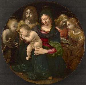 Szűz és gyermek a fiatal Keresztelő Szent Jánossal, Szent Cecíliával és angyalokkal, 1505 körül alkotó: Piero di Cosimo