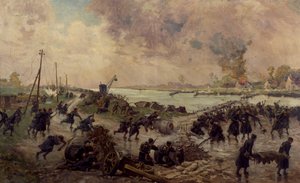 Belga csapatok harcban Ysernél, 1914. október, I. világháború, Belgium, XX. század alkotó: Pierre-Ernest and Neymark Gustave Ballue