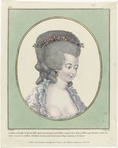 Frizurák, puffok, kalapok és sapkák: tizenegy frizura és fejdísz Francia Divatok és Jelmezek Galériája, 1781, oo 218: New Coëffure the front (...)