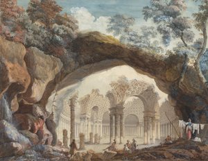 Építészeti fantázia: egy kör alakú templom romjai egy természetes íven keresztül alkotó: Pierre Adrien Paris