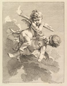 Két Ámor, egy fáklyát cipel, egy másik íjat, 1727-60.