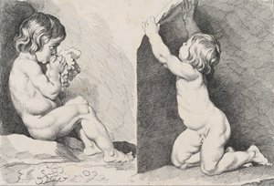 Két meztelen gyerek szőlőt eszik, az Új Gyermekkönyvből, 1720-60.