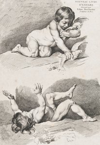 Két meztelen gyerek játszik egy levéllel, az Új Gyermekkönyvből, 1720-60.