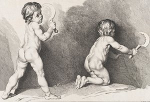 Két meztelen gyermek állva, az Új Gyermekkönyvből, 1720-60.