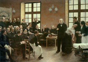 Dr. Charcot klinikai előadása a Salpetriere-ben 1887-ben. Jean Martin Charcot professzor (1825-1893) tanszékének növendékei, aki elmagyarázza Blanche Wittman esetét, betegét és tengerimalacát, akit a hisztériakutatása miatt preferált. Asszis volt