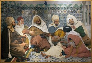 Ördögűzés: Arab zenészek dzsinneket kergetnek ki egy gyerek testéből. Andre Brouillet (1857-1914) festménye, Olaj, vászon